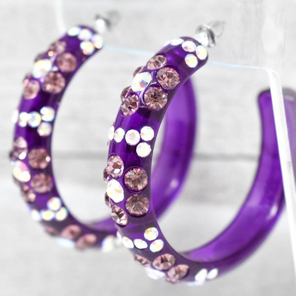 2" Flower Pattern Purple Lucite Rhinestone Hoops - Picture 7 of 13
